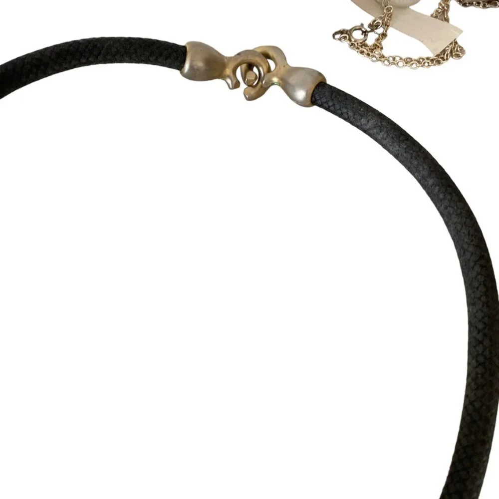 Statement kinetic necklace gold tone with black rope Paddle Fringe